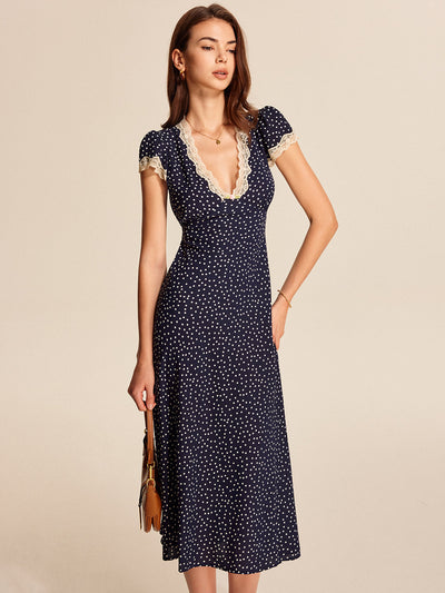 Ina | Gepunktetes Kleid mit Spitzenbesatz